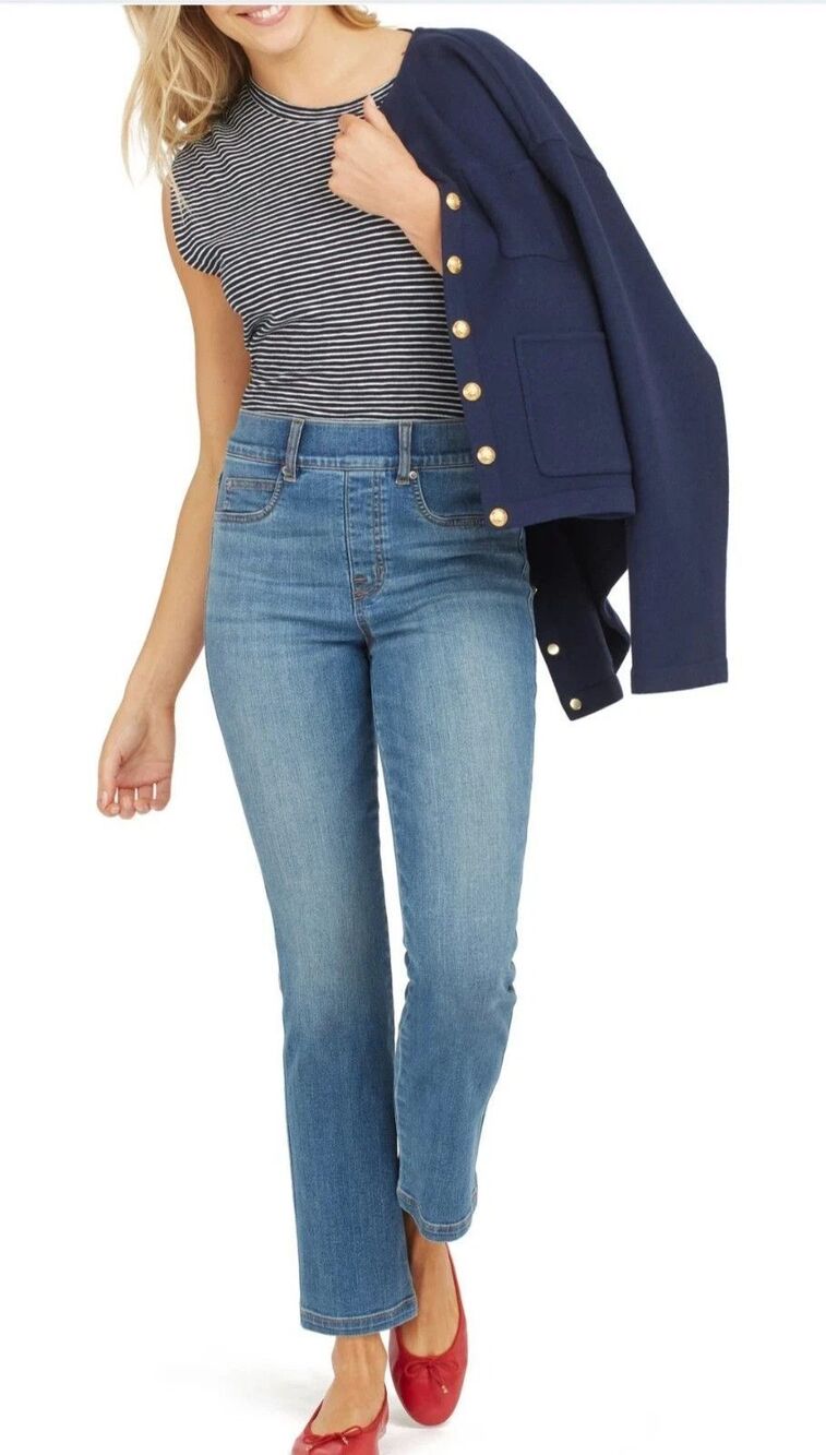 Women's Spanx Straight Leg High Rise Stretch Denim Ankle Jeans Vintage Indigo L
